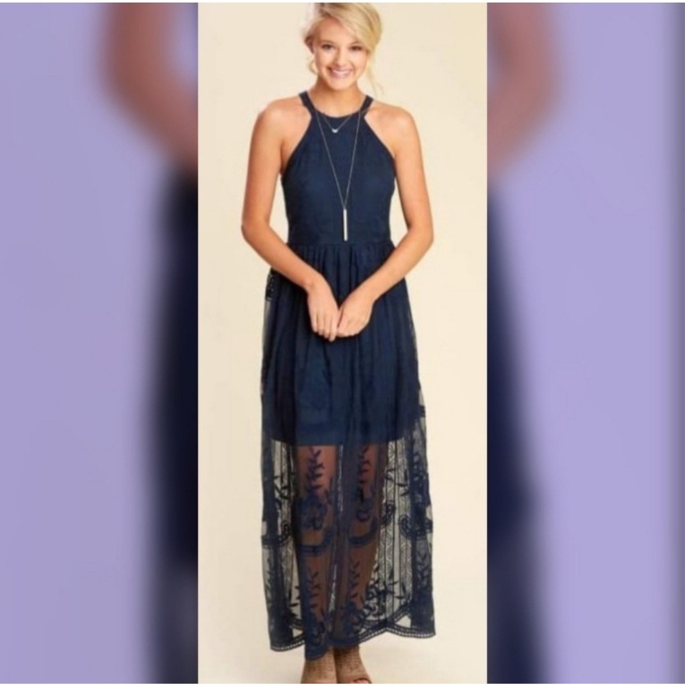 Altar'd State Navy Blue Halter Maxi Dress with Sheer Embroidered Skirt